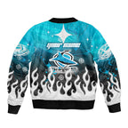 Personalized Cronulla-Sutherland Sharks Bomber Jacket Y2K Grunge Aesthetic With Cyber Flames and Starburst Graphics