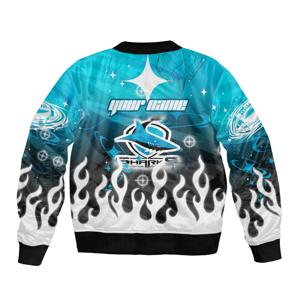 Personalized Cronulla-Sutherland Sharks Bomber Jacket Y2K Grunge Aesthetic With Cyber Flames and Starburst Graphics