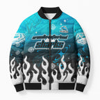 Personalized Cronulla-Sutherland Sharks Bomber Puffer Jacket Y2K Grunge Aesthetic With Cyber Flames and Starburst Graphics