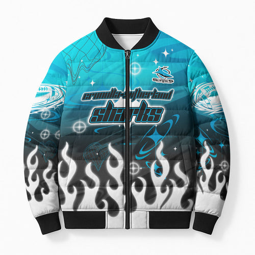 Personalized Cronulla-Sutherland Sharks Bomber Puffer Jacket Y2K Grunge Aesthetic With Cyber Flames and Starburst Graphics