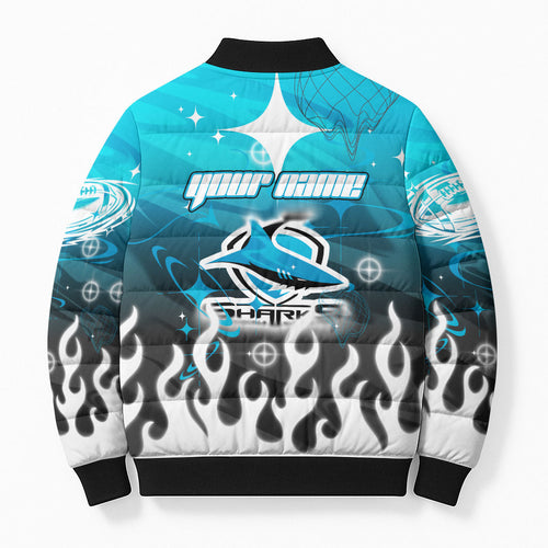 Personalized Cronulla-Sutherland Sharks Bomber Puffer Jacket Y2K Grunge Aesthetic With Cyber Flames and Starburst Graphics
