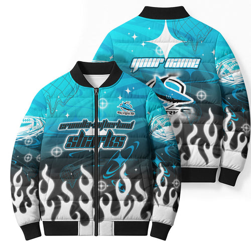Personalized Cronulla-Sutherland Sharks Bomber Puffer Jacket Y2K Grunge Aesthetic With Cyber Flames and Starburst Graphics
