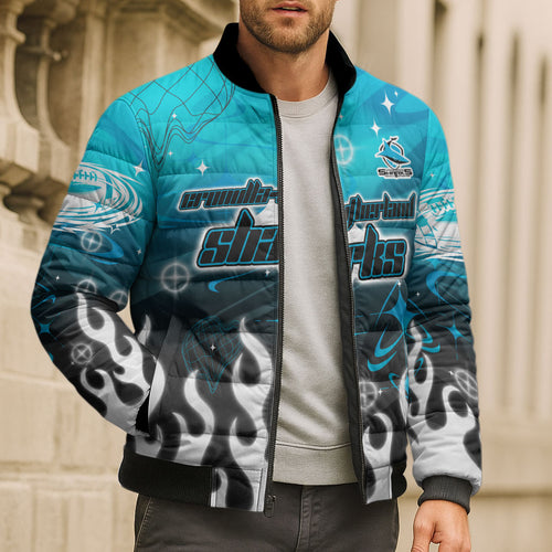 Personalized Cronulla-Sutherland Sharks Bomber Puffer Jacket Y2K Grunge Aesthetic With Cyber Flames and Starburst Graphics