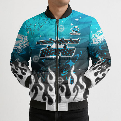 Personalized Cronulla-Sutherland Sharks Bomber Puffer Jacket Y2K Grunge Aesthetic With Cyber Flames and Starburst Graphics