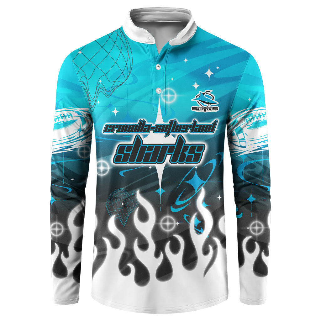 Personalized Cronulla-Sutherland Sharks Button Sweatshirt Y2K Grunge Aesthetic With Cyber Flames and Starburst Graphics