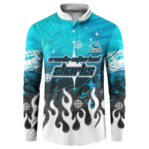 Personalized Cronulla-Sutherland Sharks Button Sweatshirt Y2K Grunge Aesthetic With Cyber Flames and Starburst Graphics