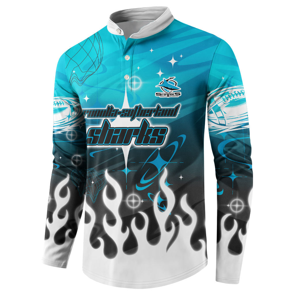 Personalized Cronulla-Sutherland Sharks Button Sweatshirt Y2K Grunge Aesthetic With Cyber Flames and Starburst Graphics