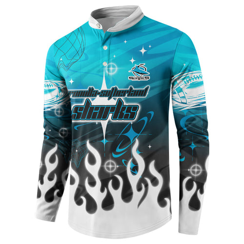 Personalized Cronulla-Sutherland Sharks Button Sweatshirt Y2K Grunge Aesthetic With Cyber Flames and Starburst Graphics