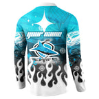 Personalized Cronulla-Sutherland Sharks Button Sweatshirt Y2K Grunge Aesthetic With Cyber Flames and Starburst Graphics