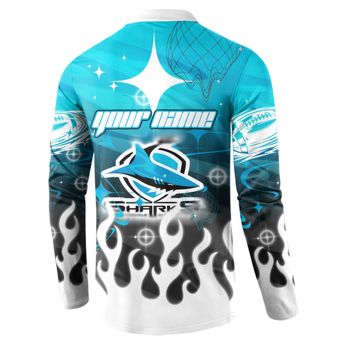 Personalized Cronulla-Sutherland Sharks Button Sweatshirt Y2K Grunge Aesthetic With Cyber Flames and Starburst Graphics