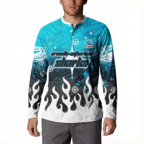 Personalized Cronulla-Sutherland Sharks Button Sweatshirt Y2K Grunge Aesthetic With Cyber Flames and Starburst Graphics