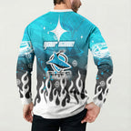 Personalized Cronulla-Sutherland Sharks Button Sweatshirt Y2K Grunge Aesthetic With Cyber Flames and Starburst Graphics