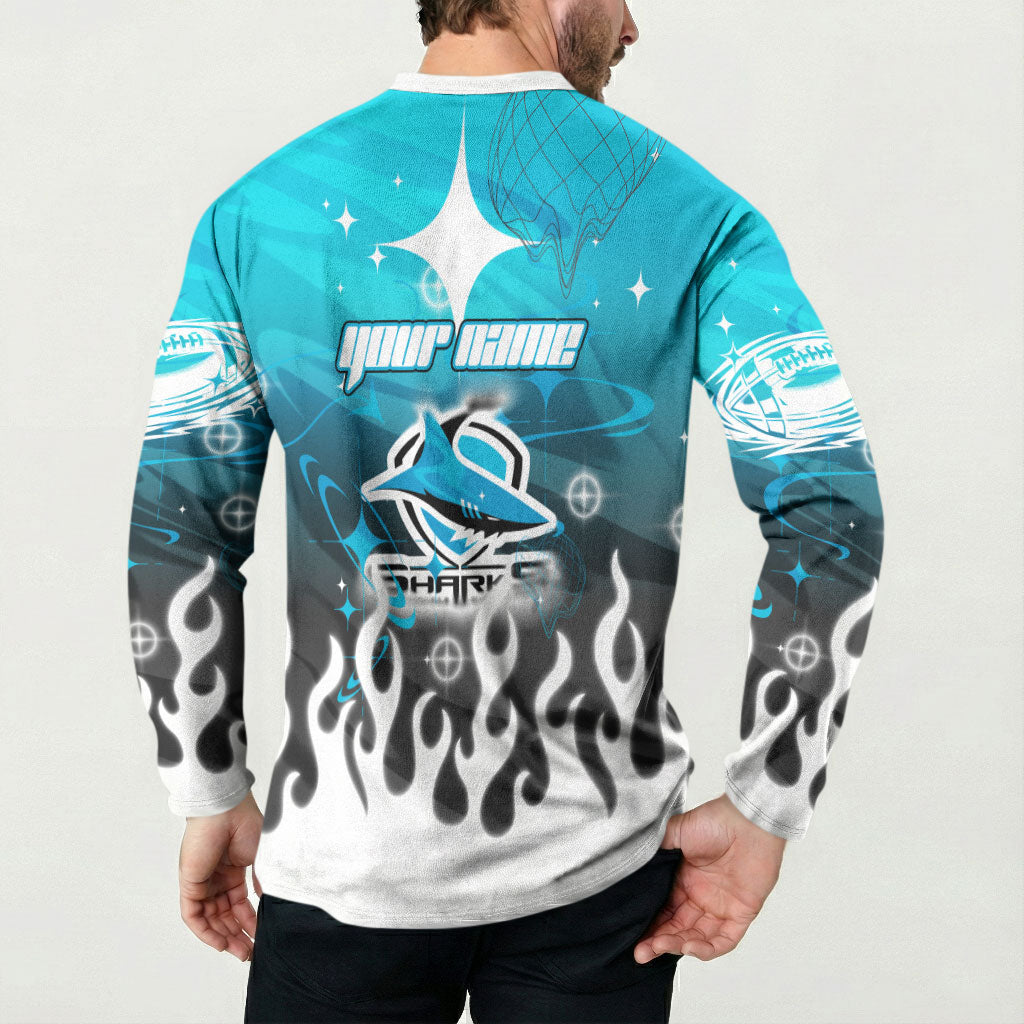 Personalized Cronulla-Sutherland Sharks Button Sweatshirt Y2K Grunge Aesthetic With Cyber Flames and Starburst Graphics