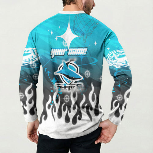 Personalized Cronulla-Sutherland Sharks Button Sweatshirt Y2K Grunge Aesthetic With Cyber Flames and Starburst Graphics