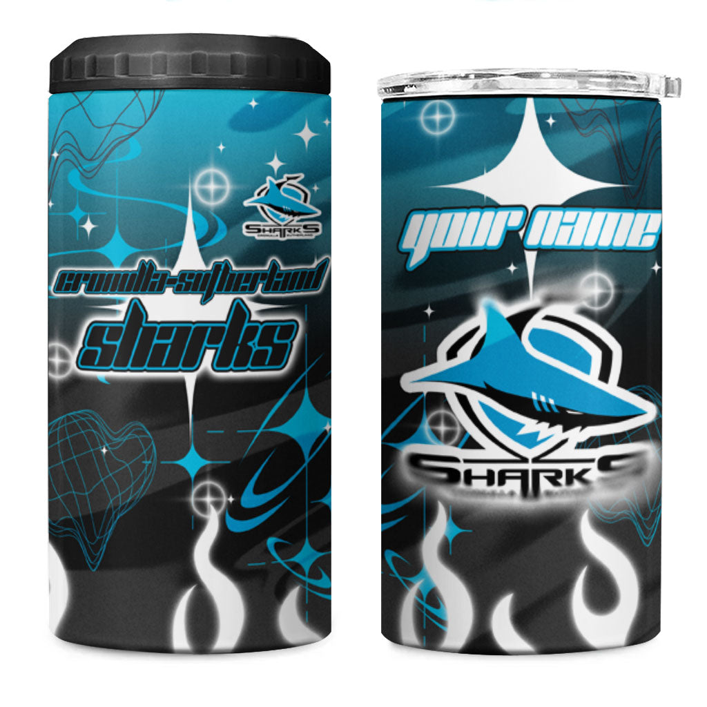 Personalized Cronulla-Sutherland Sharks 4 in 1 Can Cooler Tumbler Y2K Grunge Aesthetic With Cyber Flames and Starburst Graphics