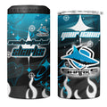 Personalized Cronulla-Sutherland Sharks 4 in 1 Can Cooler Tumbler Y2K Grunge Aesthetic With Cyber Flames and Starburst Graphics