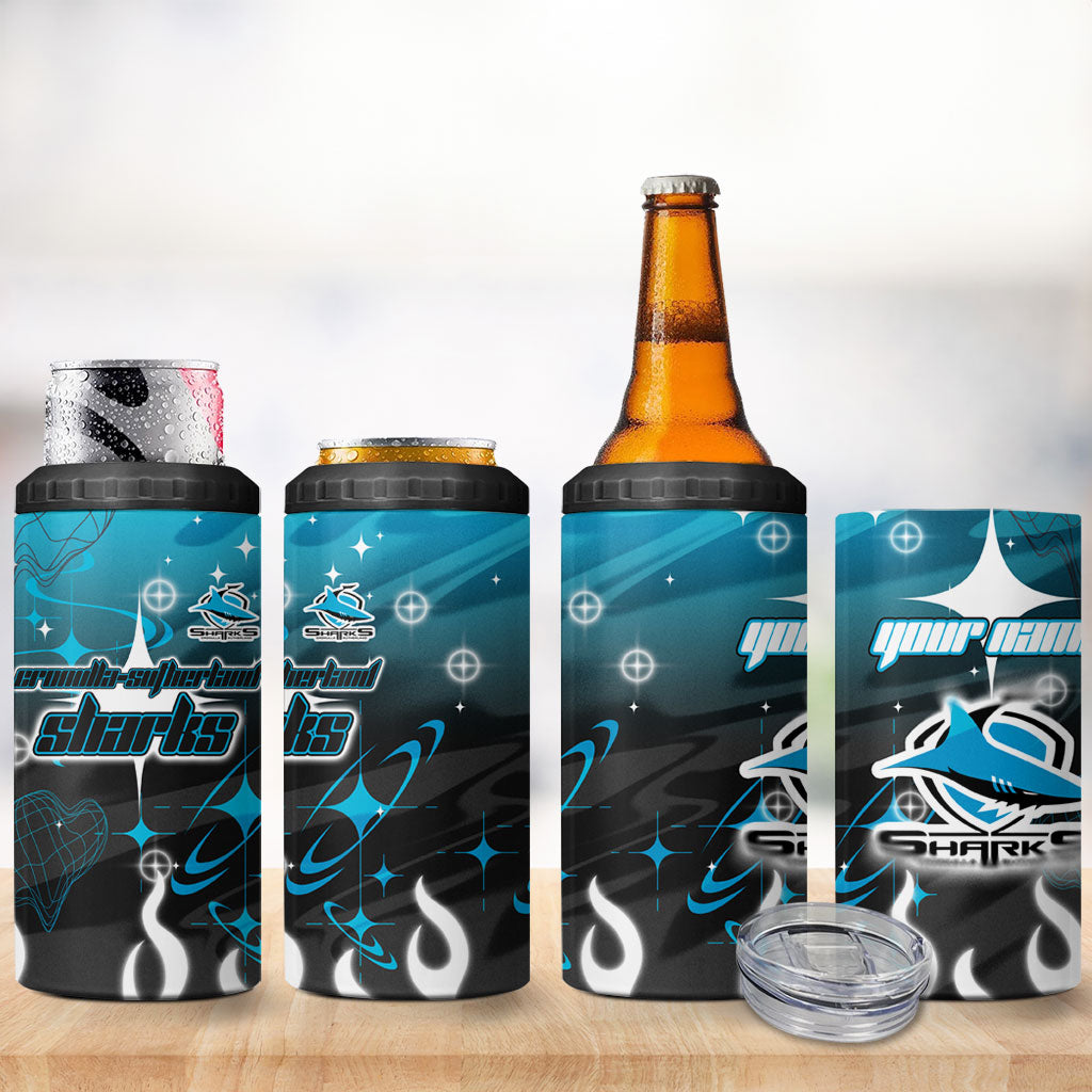 Personalized Cronulla-Sutherland Sharks 4 in 1 Can Cooler Tumbler Y2K Grunge Aesthetic With Cyber Flames and Starburst Graphics