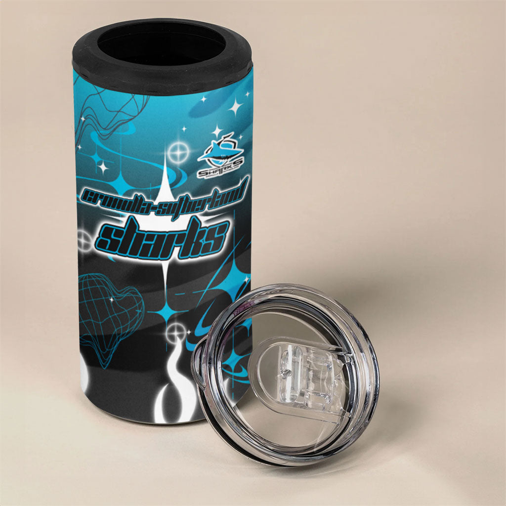 Personalized Cronulla-Sutherland Sharks 4 in 1 Can Cooler Tumbler Y2K Grunge Aesthetic With Cyber Flames and Starburst Graphics