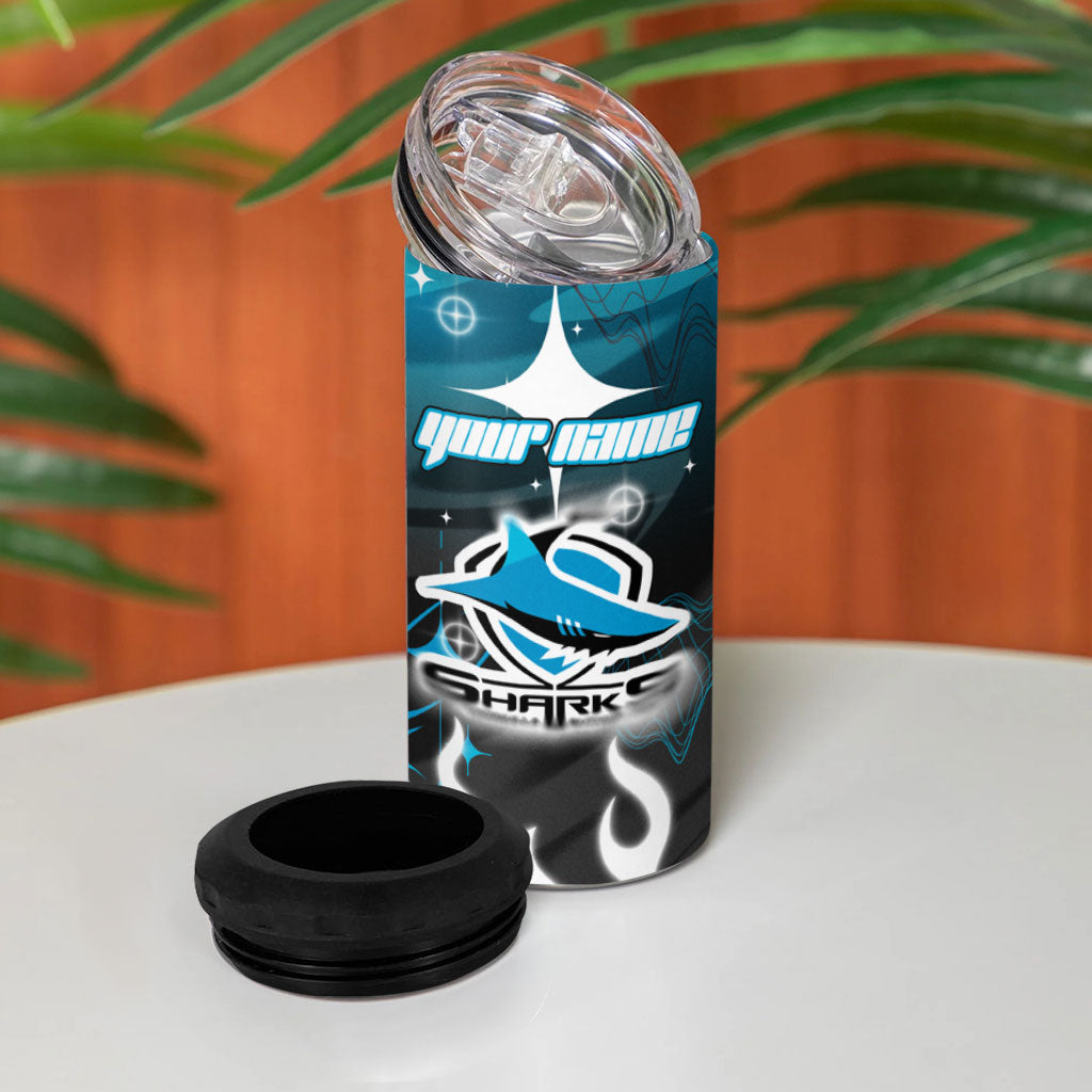 Personalized Cronulla-Sutherland Sharks 4 in 1 Can Cooler Tumbler Y2K Grunge Aesthetic With Cyber Flames and Starburst Graphics
