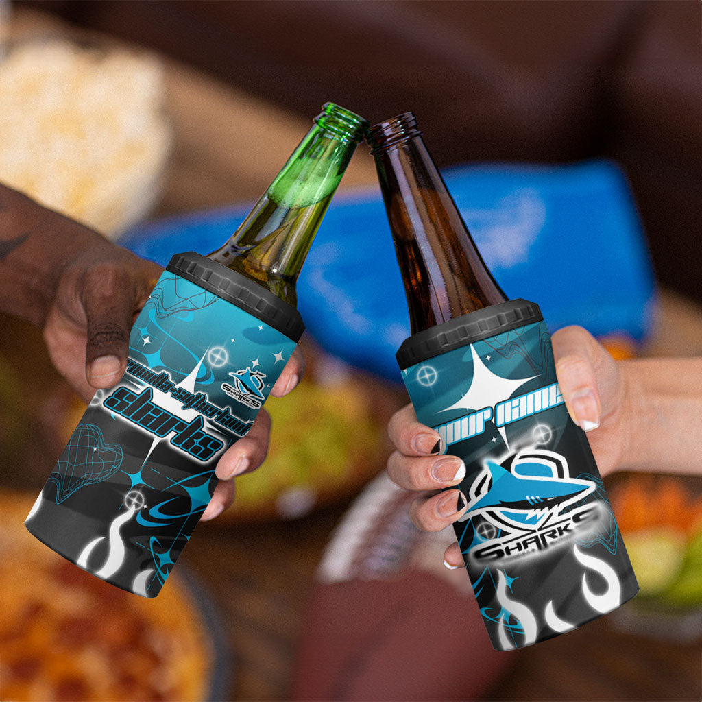 Personalized Cronulla-Sutherland Sharks 4 in 1 Can Cooler Tumbler Y2K Grunge Aesthetic With Cyber Flames and Starburst Graphics