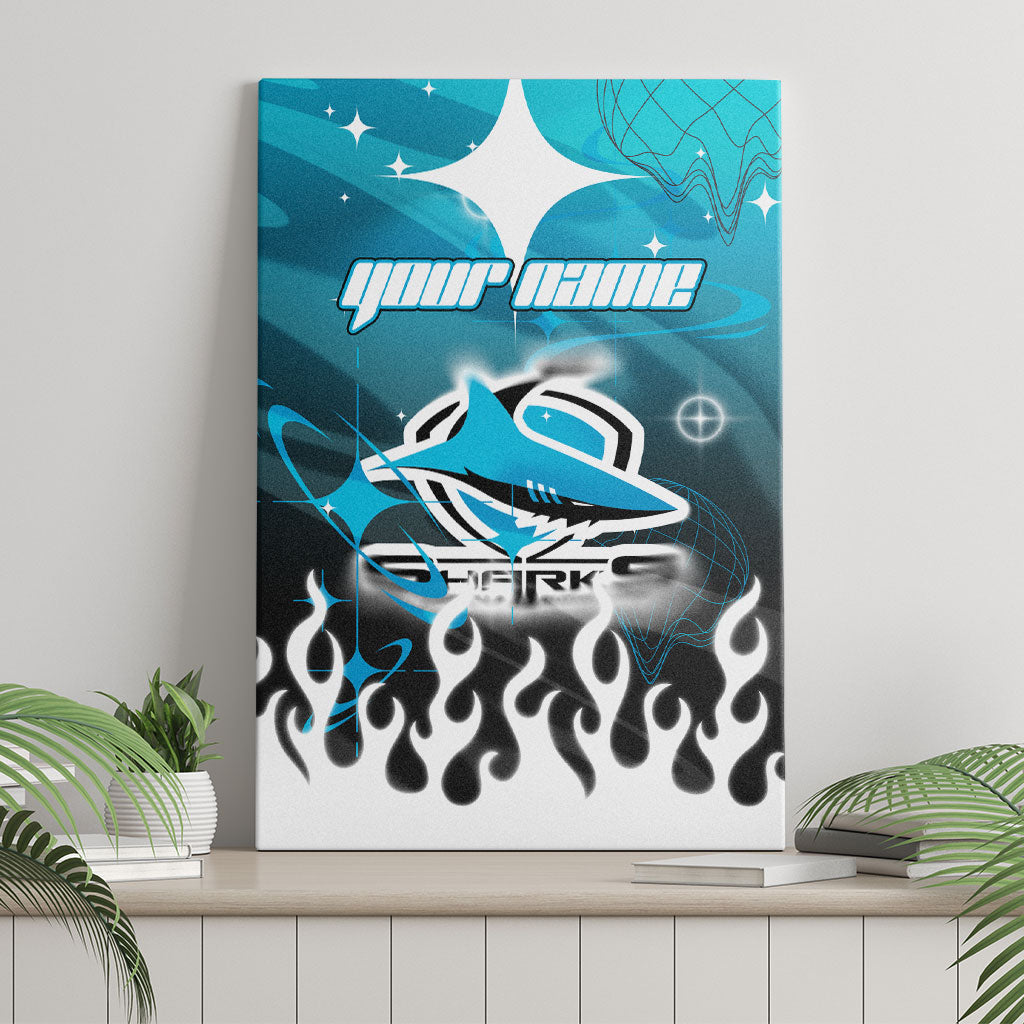 Personalized Cronulla-Sutherland Sharks Canvas Wall Art Y2K Grunge Aesthetic With Cyber Flames and Starburst Graphics