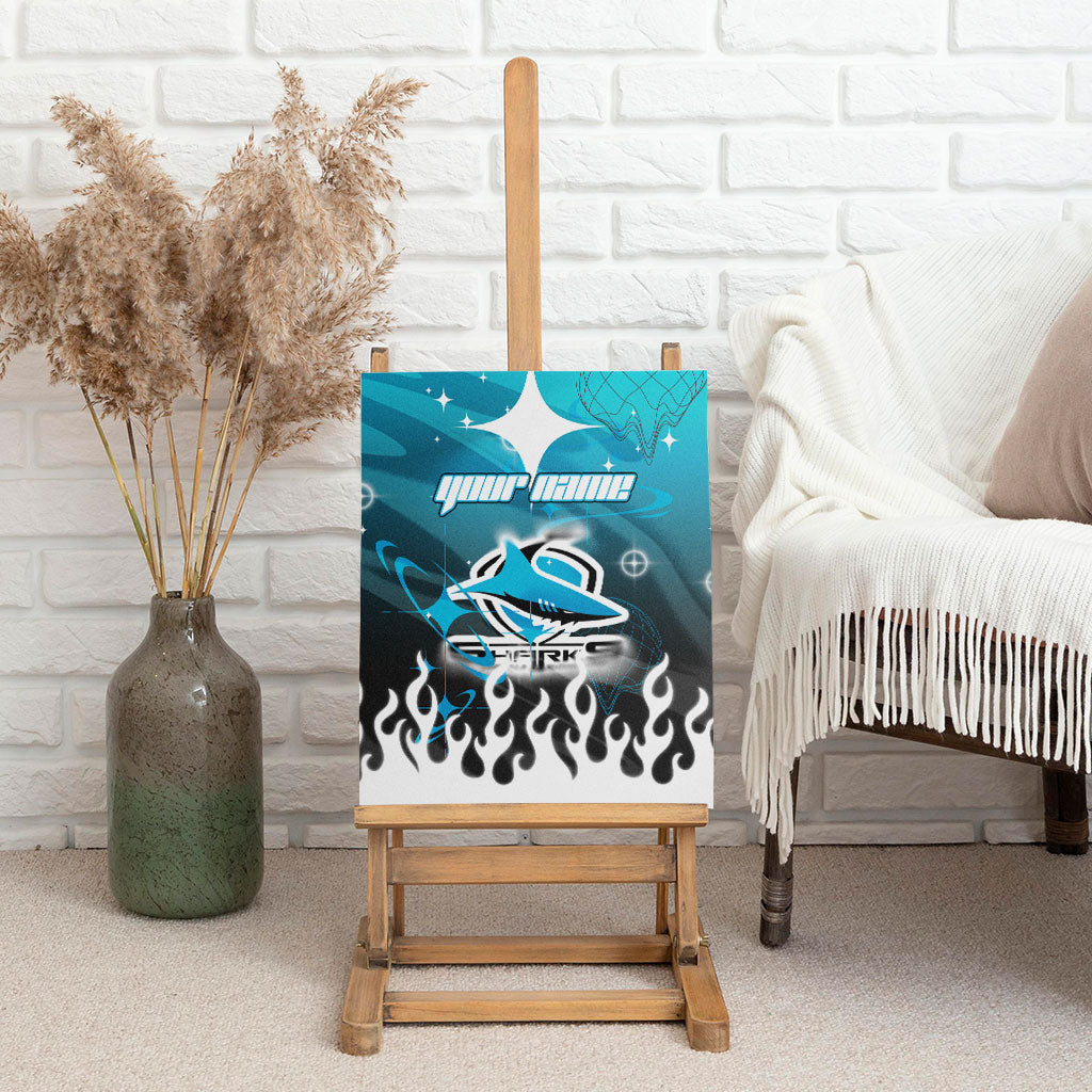 Personalized Cronulla-Sutherland Sharks Canvas Wall Art Y2K Grunge Aesthetic With Cyber Flames and Starburst Graphics