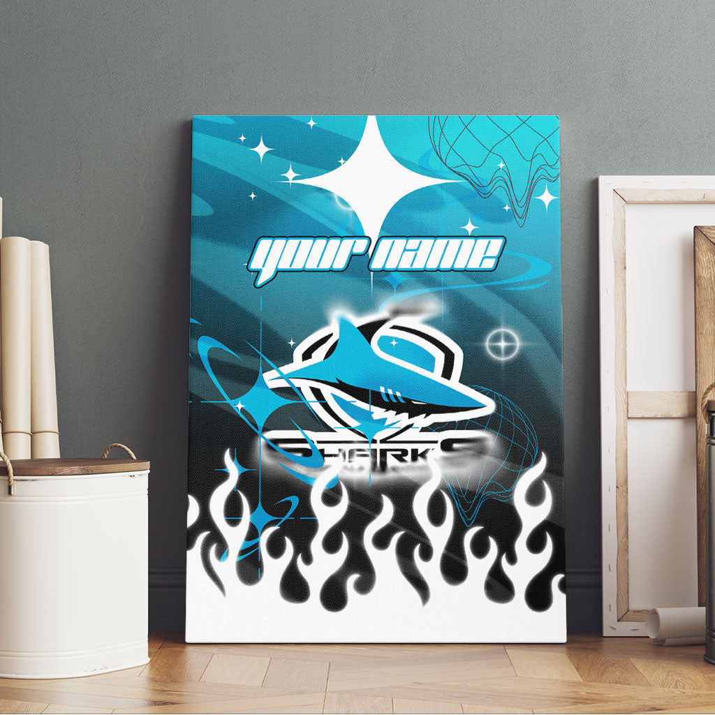 Personalized Cronulla-Sutherland Sharks Canvas Wall Art Y2K Grunge Aesthetic With Cyber Flames and Starburst Graphics