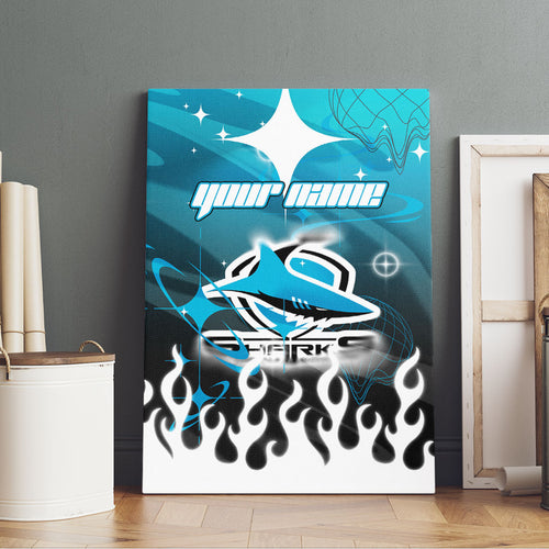 Personalized Cronulla-Sutherland Sharks Canvas Wall Art Y2K Grunge Aesthetic With Cyber Flames and Starburst Graphics