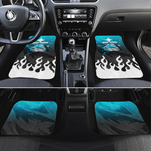 Personalized Cronulla-Sutherland Sharks Car Mats Y2K Grunge Aesthetic With Cyber Flames and Starburst Graphics