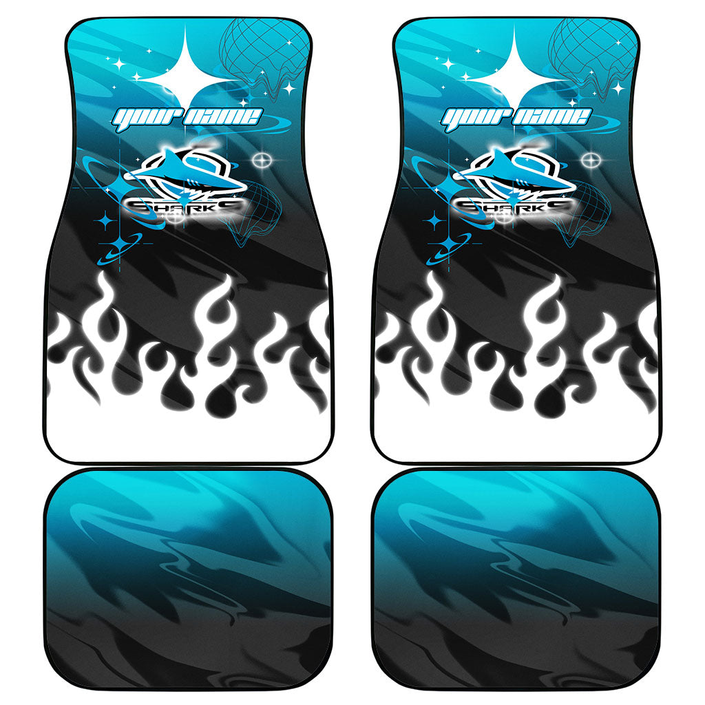 Personalized Cronulla-Sutherland Sharks Car Mats Y2K Grunge Aesthetic With Cyber Flames and Starburst Graphics