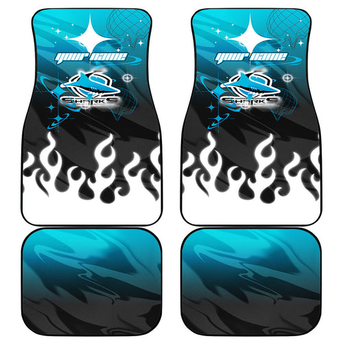 Personalized Cronulla-Sutherland Sharks Car Mats Y2K Grunge Aesthetic With Cyber Flames and Starburst Graphics