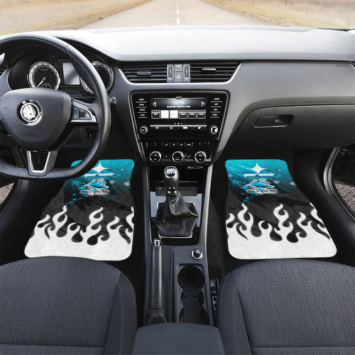 Personalized Cronulla-Sutherland Sharks Car Mats Y2K Grunge Aesthetic With Cyber Flames and Starburst Graphics