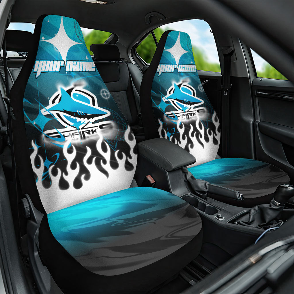 Personalized Cronulla-Sutherland Sharks Car Seat Cover Y2K Grunge Aesthetic With Cyber Flames and Starburst Graphics