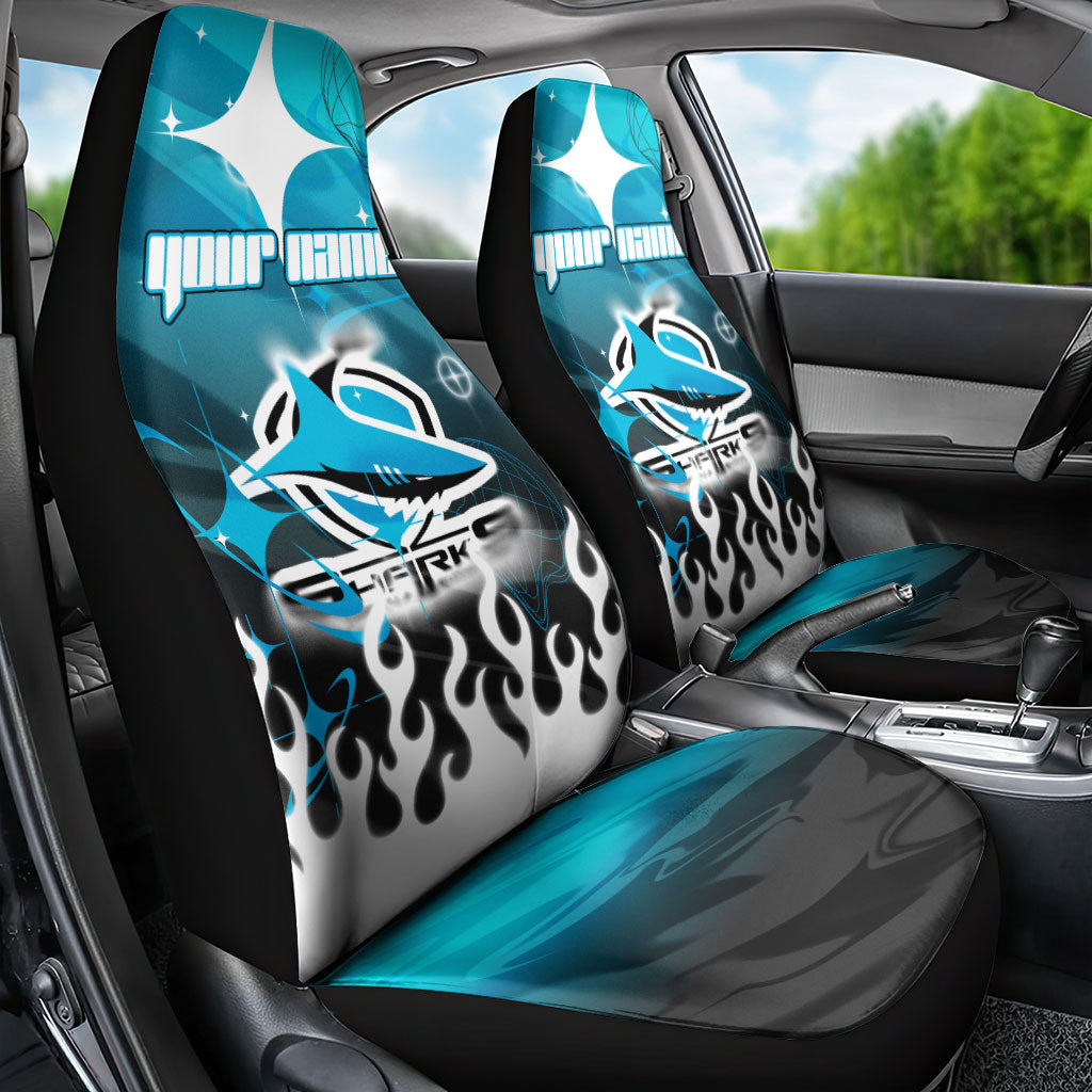 Personalized Cronulla-Sutherland Sharks Car Seat Cover Y2K Grunge Aesthetic With Cyber Flames and Starburst Graphics