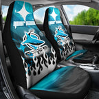 Personalized Cronulla-Sutherland Sharks Car Seat Cover Y2K Grunge Aesthetic With Cyber Flames and Starburst Graphics