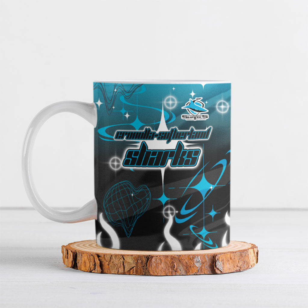 Personalized Cronulla-Sutherland Sharks Ceramic Mug Y2K Grunge Aesthetic With Cyber Flames and Starburst Graphics