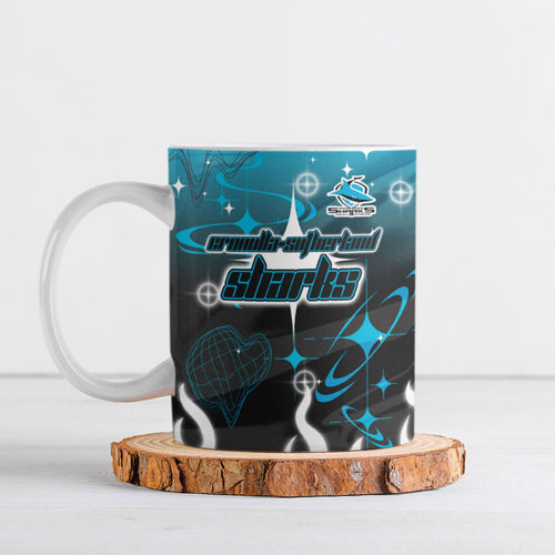 Personalized Cronulla-Sutherland Sharks Ceramic Mug Y2K Grunge Aesthetic With Cyber Flames and Starburst Graphics