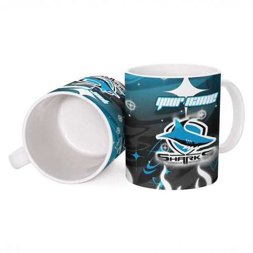 Personalized Cronulla-Sutherland Sharks Ceramic Mug Y2K Grunge Aesthetic With Cyber Flames and Starburst Graphics