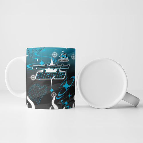 Personalized Cronulla-Sutherland Sharks Ceramic Mug Y2K Grunge Aesthetic With Cyber Flames and Starburst Graphics