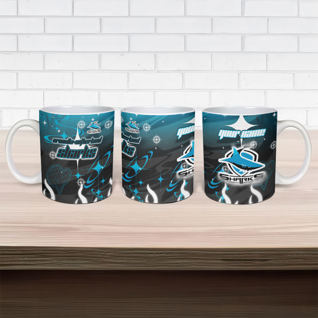 Personalized Cronulla-Sutherland Sharks Ceramic Mug Y2K Grunge Aesthetic With Cyber Flames and Starburst Graphics