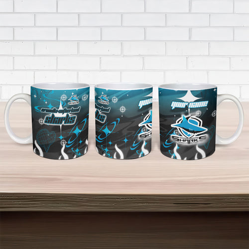 Personalized Cronulla-Sutherland Sharks Ceramic Mug Y2K Grunge Aesthetic With Cyber Flames and Starburst Graphics