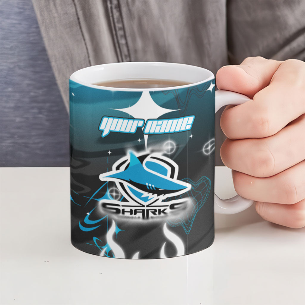 Personalized Cronulla-Sutherland Sharks Ceramic Mug Y2K Grunge Aesthetic With Cyber Flames and Starburst Graphics