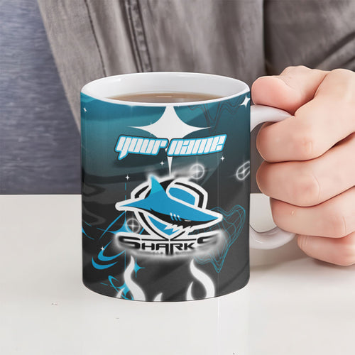 Personalized Cronulla-Sutherland Sharks Ceramic Mug Y2K Grunge Aesthetic With Cyber Flames and Starburst Graphics