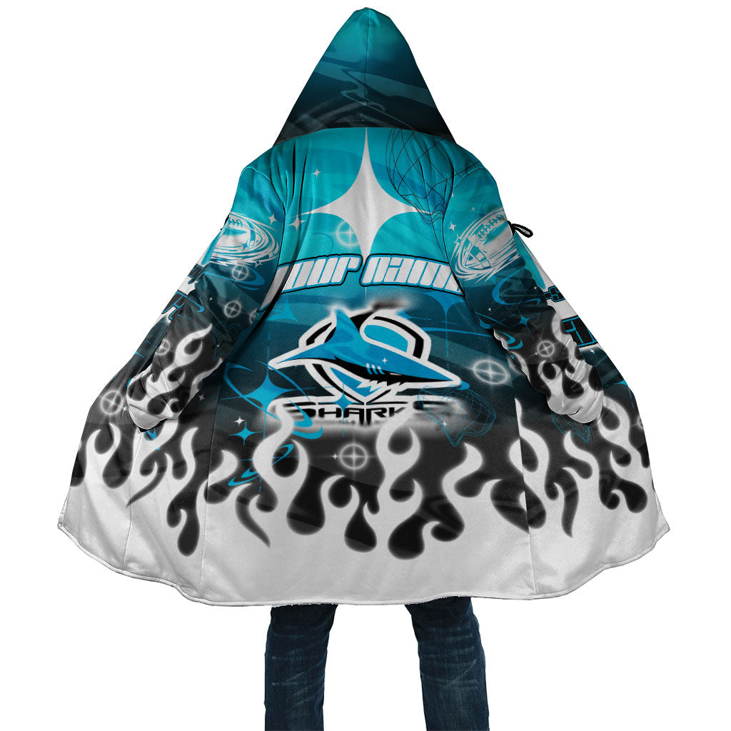 Personalized Cronulla-Sutherland Sharks Cloak Y2K Grunge Aesthetic With Cyber Flames and Starburst Graphics
