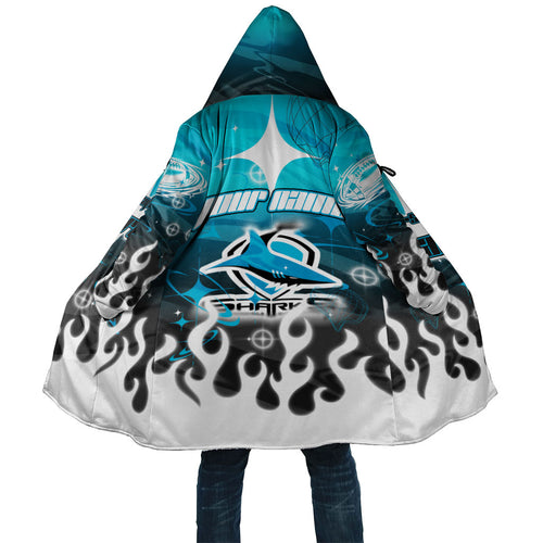 Personalized Cronulla-Sutherland Sharks Cloak Y2K Grunge Aesthetic With Cyber Flames and Starburst Graphics