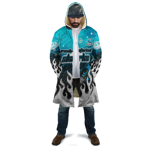 Personalized Cronulla-Sutherland Sharks Cloak Y2K Grunge Aesthetic With Cyber Flames and Starburst Graphics