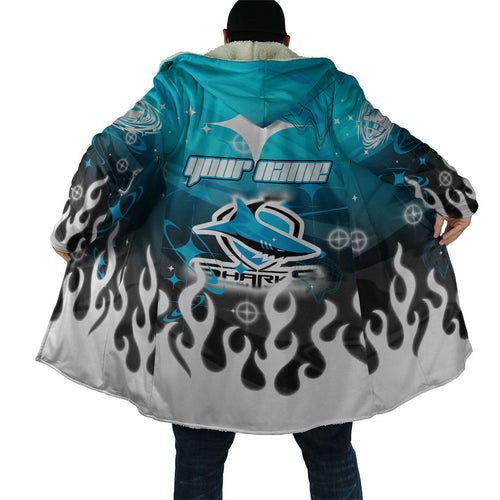 Personalized Cronulla-Sutherland Sharks Cloak Y2K Grunge Aesthetic With Cyber Flames and Starburst Graphics