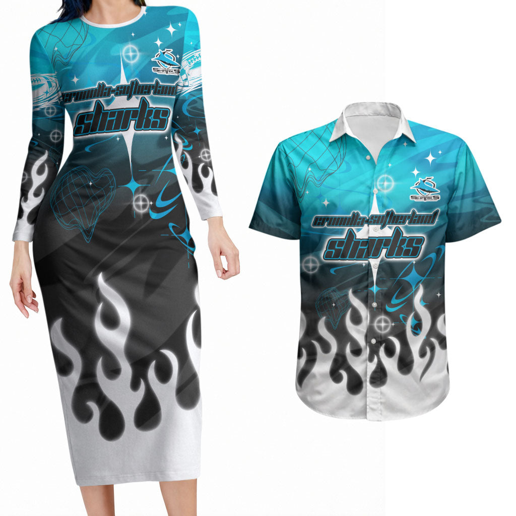 Personalized Cronulla-Sutherland Sharks Couples Matching Long Sleeve Bodycon Dress and Hawaiian Shirt Y2K Grunge Aesthetic With Cyber Flames and Starburst Graphics