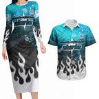 Personalized Cronulla-Sutherland Sharks Couples Matching Long Sleeve Bodycon Dress and Hawaiian Shirt Y2K Grunge Aesthetic With Cyber Flames and Starburst Graphics