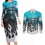 Personalized Cronulla-Sutherland Sharks Couples Matching Long Sleeve Bodycon Dress and Long Sleeve Button Shirt Y2K Grunge Aesthetic With Cyber Flames and Starburst Graphics